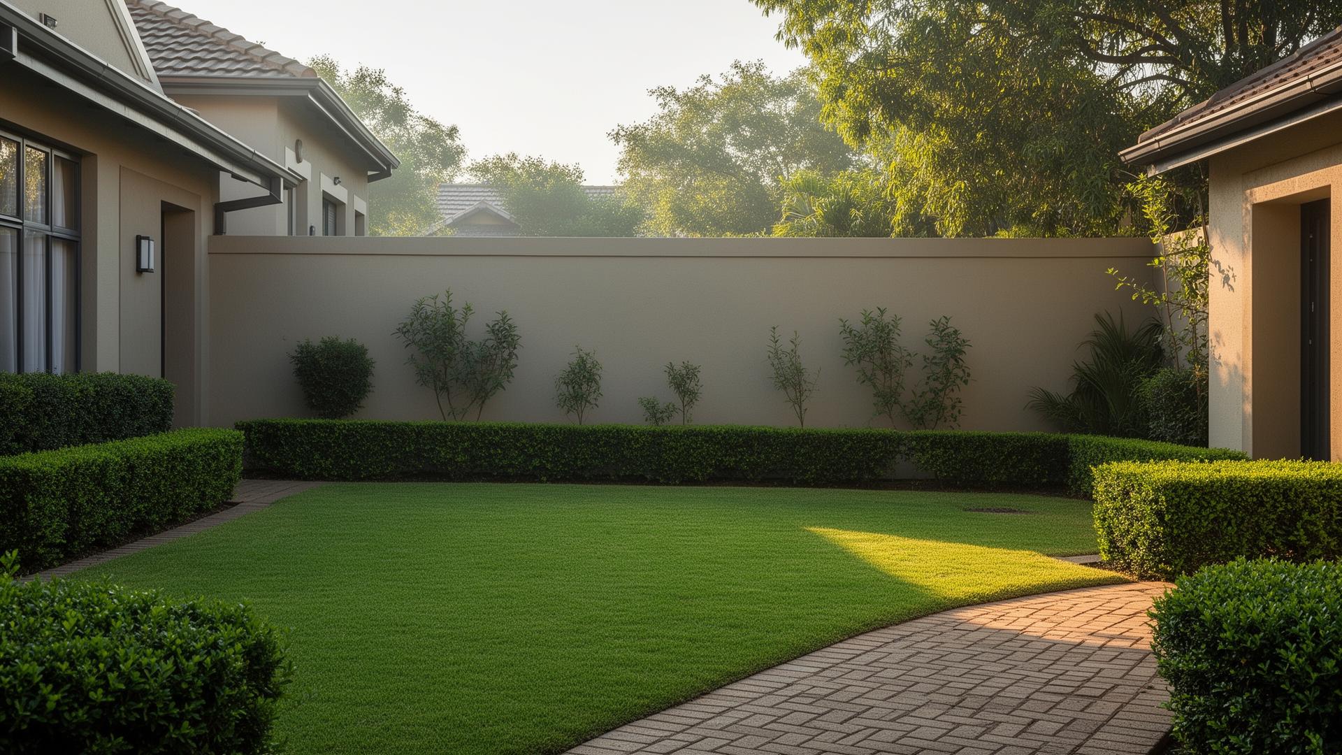 Neat complex garden with trimmed hedges, lawn and paved walkway in Randburg